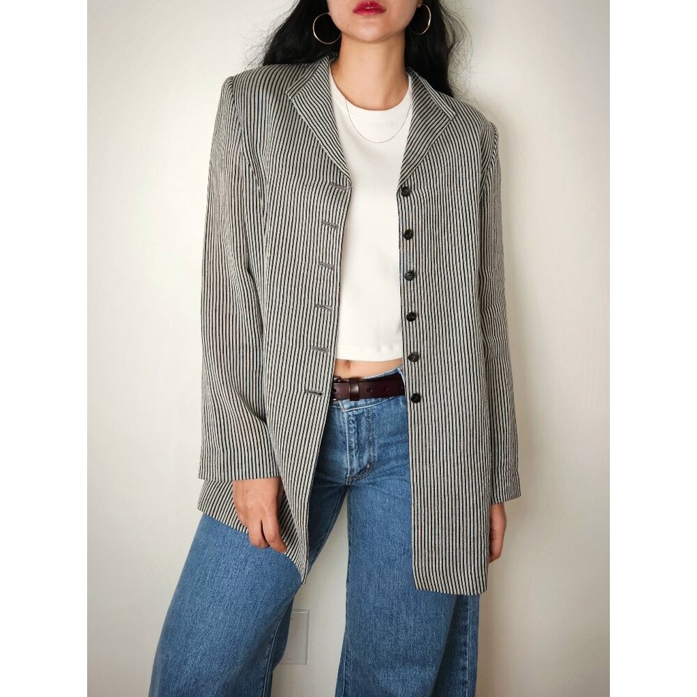 Vintage linen silk side slit black grey stripe blazer women M/ shoulder pads